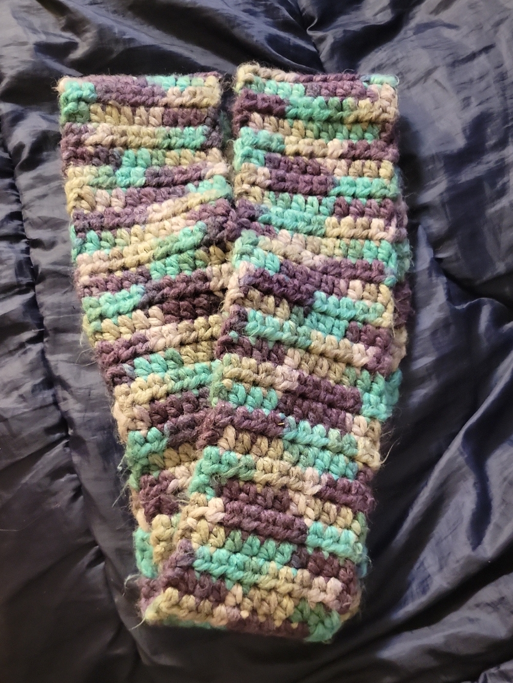 Hand Knit Infinity Scarf Blues, Purples, Lavender, Grey. Acrylic.